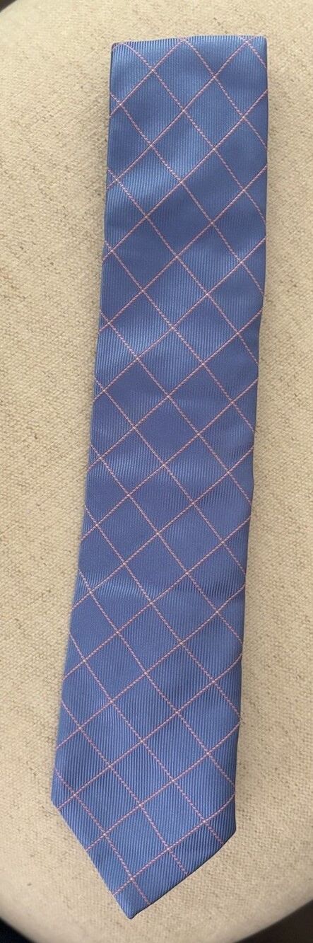 Thomas Pink Mens Silk Tie Blue Pink Windowpane Plaid Designer Necktie MSRP $135